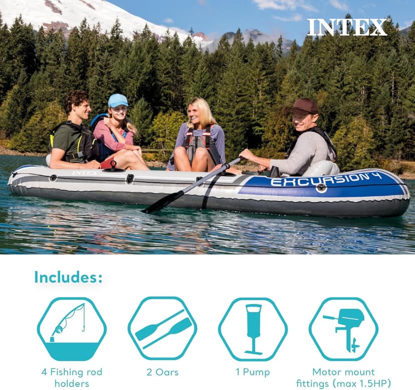 Intex Excursion 5 Person Inflatable Outdoor Fishing Raft Boat Set with 2 Aluminum Oars and Air Pump with a Intex Composite Motor Mount Kit