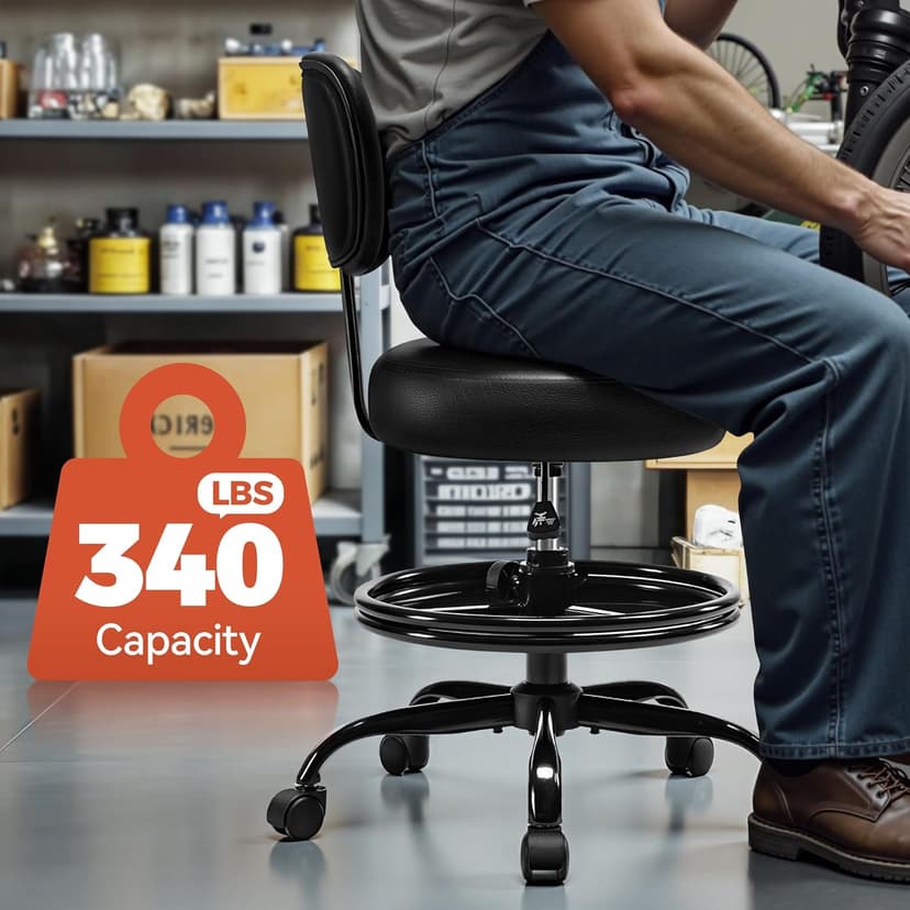 Shop Stool with Wheels for Garage, Mechanics Rolling Chair with Backrest, Adjustable Height Heavy Duty Garage Stool with Footrest and Storage Tray, Swivel Task Chair for Workshop Kitchen Salon