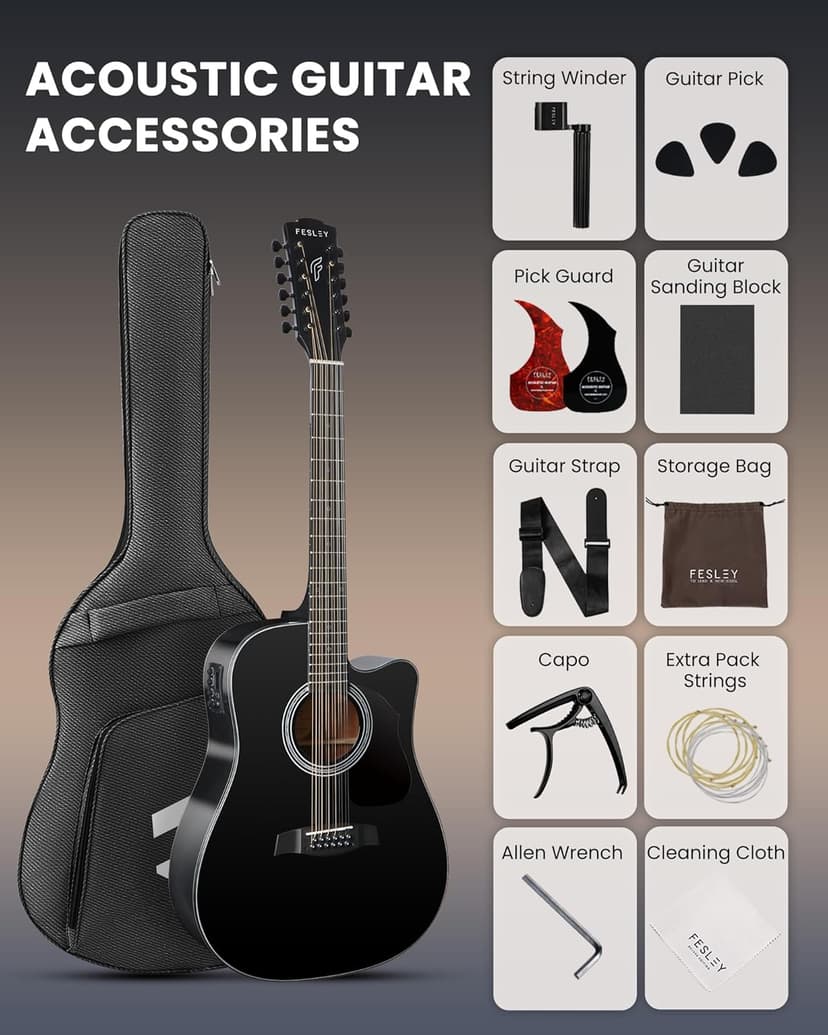 Fesley 12 String Guitar: 42" Full Size Acoustic Electric Guitars for Beginners Adults, Spruce Top Guitarra Acustica, Cutaway Guitar Bundle with Gig Bag, Picks, Strings, Strap, Gloss, Black