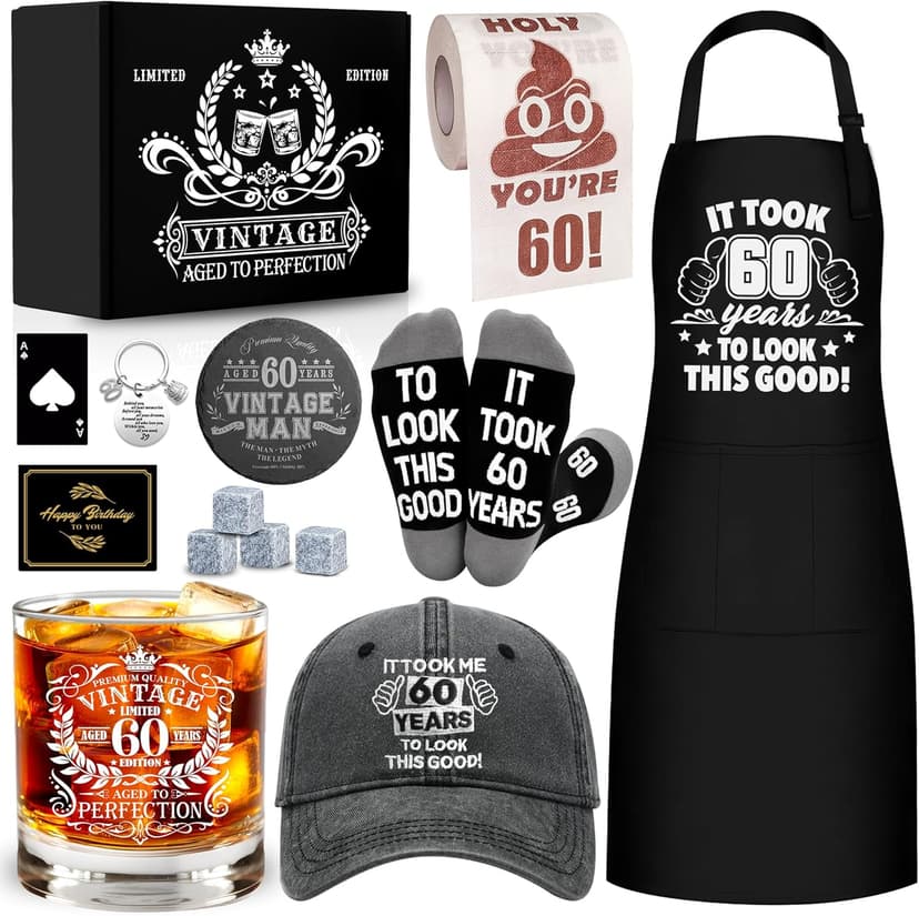 60th Birthday Gifts for Men Whiskey Glass Set, 60th Birthday Party Supplies with 11 Oz Whiskey Glass Coaster Stone Baseball Cap Apron Sock Funny Toilet Paper Keychain for Him, Dad, Husband, Friends