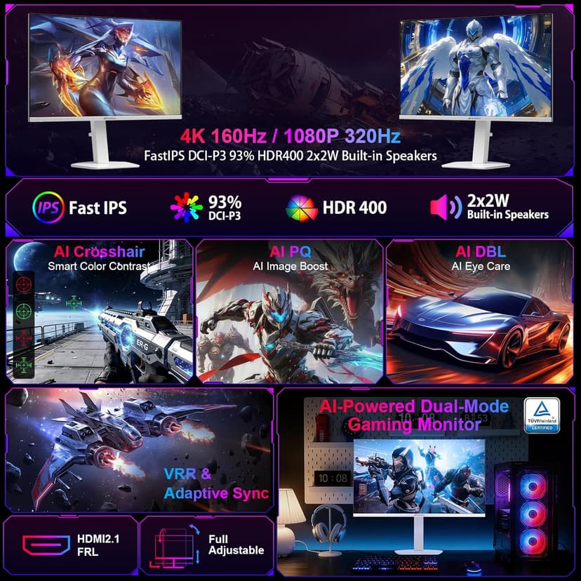 SANSUI 27" 4K Gaming Monitor, UHD 160Hz or FHD 320Hz Dual Mode PC Monitor- Fast IPS 1ms(OD) 丨2×HDMI2.1丨2×DP 1.4丨Built-in Speakers丨Eye Care丨AI Crosshair丨PIP/PBP丨HDR400丨Rotating/Height Adjustable