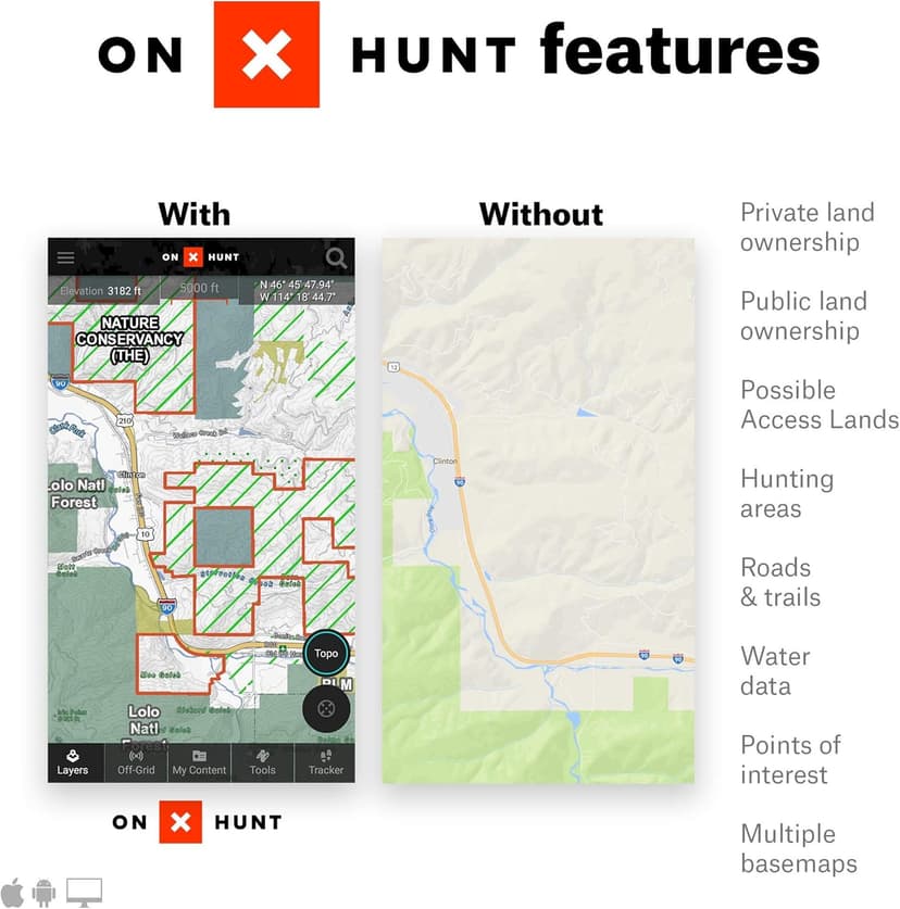 onX Hunt Premium App: Digital Map Membership for Phone, Tablet, and Computer - Color Coded Land Ownership - Google Imagery - 24k Topo - Hunting Specific Data - Updates for onX Hunt Chip