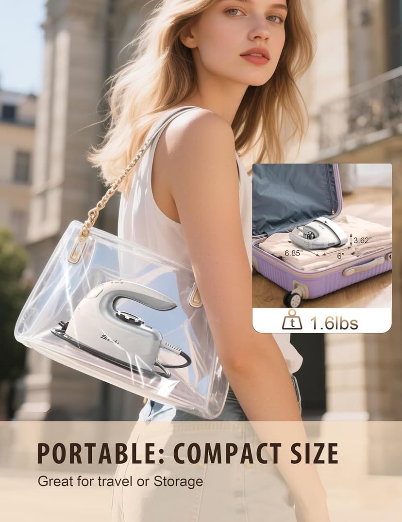 Sundu Mini Travel Iron with Steam,1000W Portable Non-Stick Soleplate Steam Samll Iron for Quilting & Sewing,300 Microsteam Holes,90ml water tank,lockable safety base,Digital Temperature Control-Silver