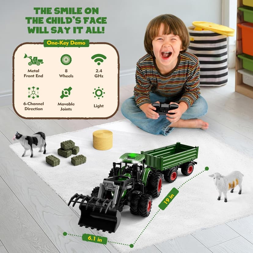 Remote Control Tractor Toy, Kids RC Tractor Set & Truck and Trailer Front Loader - Metal Car Head/8 Wheel/Light, Toddlers Farm Vehicle Toys for 3 4 5 6 7 8 9 Year Old Boys Girls Birthday Gift