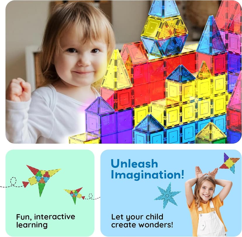 No-limit scalable builds, hands-on magnet polarity fun, family group play, quick assemble & store, shape & color recognition PicassoTiles 100 Piece Magnetic Tiles, Clear 3D Building Blocks for Kids 3+ B00AU56C5W