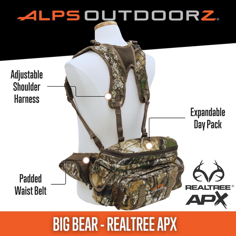 ALPS OutdoorZ Big Bear Day Pack – Realtree APX Camouflage Expandable Hunting Backpack with Large Capacity, Multiple Storage Pockets & Adjustable Straps for Deer & Big Game Hunting