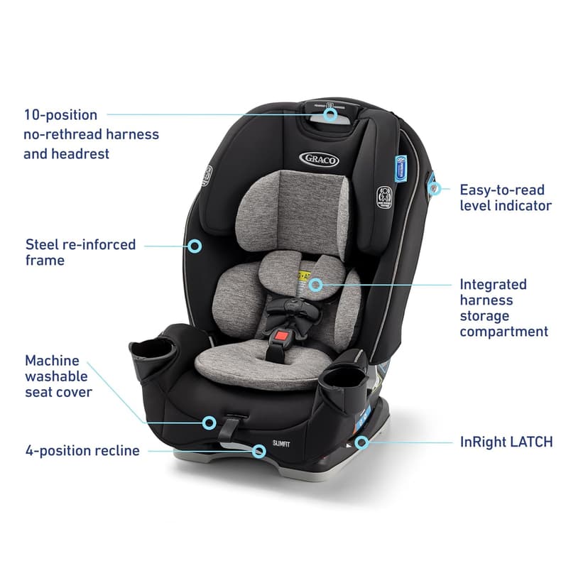 Graco Slimfit 3-in-1 Convertible Car Seat, Ultra-Space-Saving Design, Jarret, Suitable for Rear and Forward-Facing, Highback Booster Seat with 10-Position Headrest