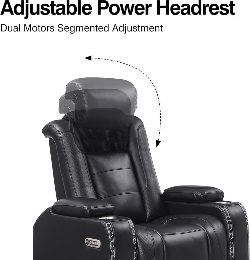 THSUPER Black Leather Power Recliner Sofa Loveseat Sets with Arm Storage and Power Headrest, Leather Living Room Reclining Sofa and Loveseat Set with Cup Holders and Bluetooth Speaker. | Breathable material, LED ambient light, Reading light, Hidden outlet, USB and Type-C port