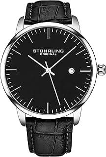 Stuhrling Original Men’s 40 mm Ultra-Slim Black Dial Dress Watch with Calfskin Leather Strap, Date Display – Minimalist Analog Wristwatch