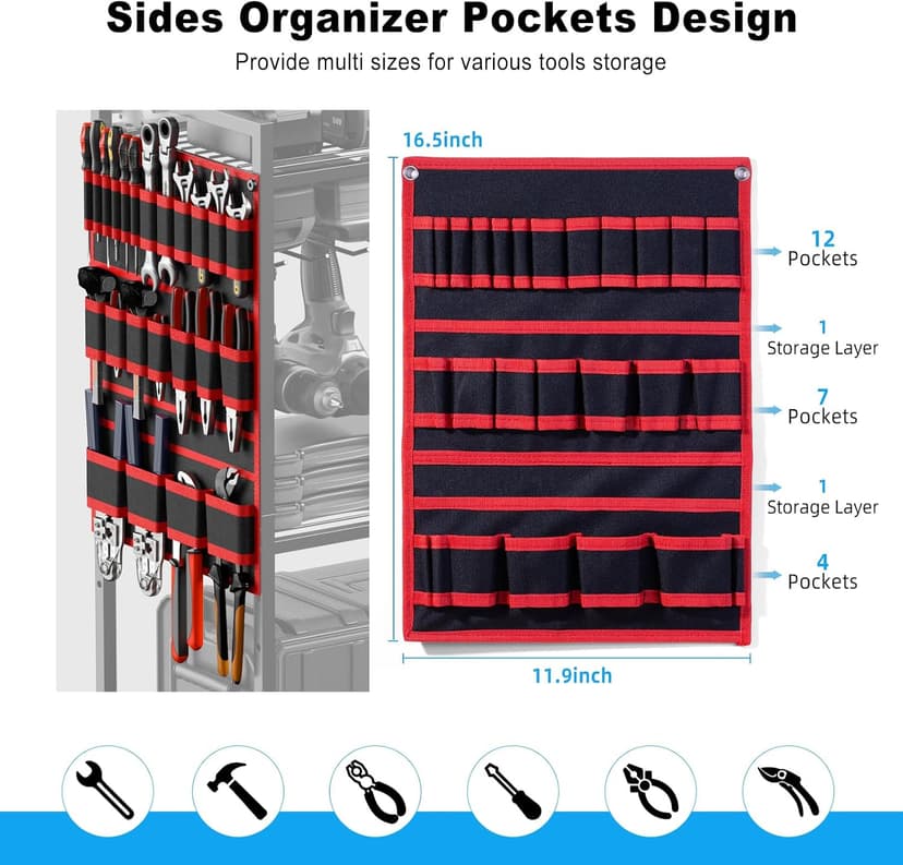 Floor Standing, Large Garage Rolling Storage Cart on Wheels, Heavy Duty Drill Battery Storage Rack, with 8 Outlet Power Strip JUNNUJ Power Tool Organizer Cart with Charging Station, 6 FT Cord, Red B0D1QVKWGH