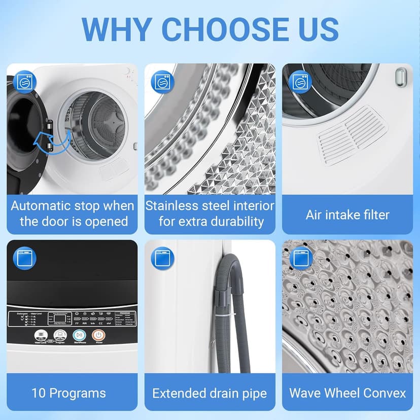 Erivess Compact Washer and Dryer Combo Set, 2.0Cu.Ft Full-Automatic Washing Machine with 10 Washing Programs & 1.6Cu.Ft Compact Dryer with 5 Drying Modes, for Apartment, Bathroom, RV-Camping, White