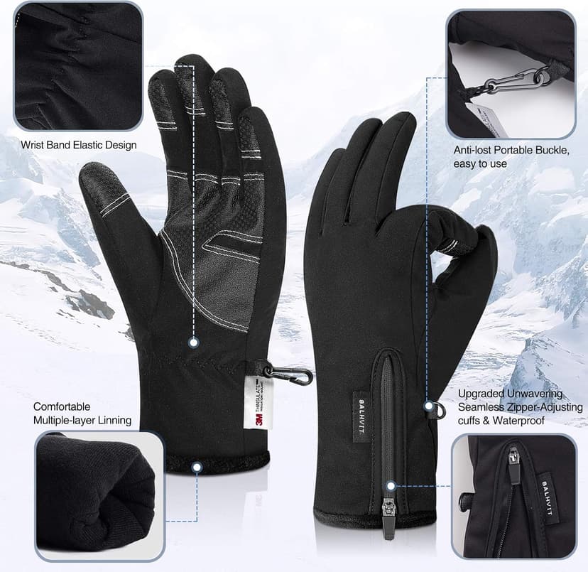 Balhvit 10℉ Waterproof Winter Gloves for Men & Women, 5-Layer Ski & Snow Gloves for Cold Weather, Breathable Warm Gloves with Touch Screen Fingers