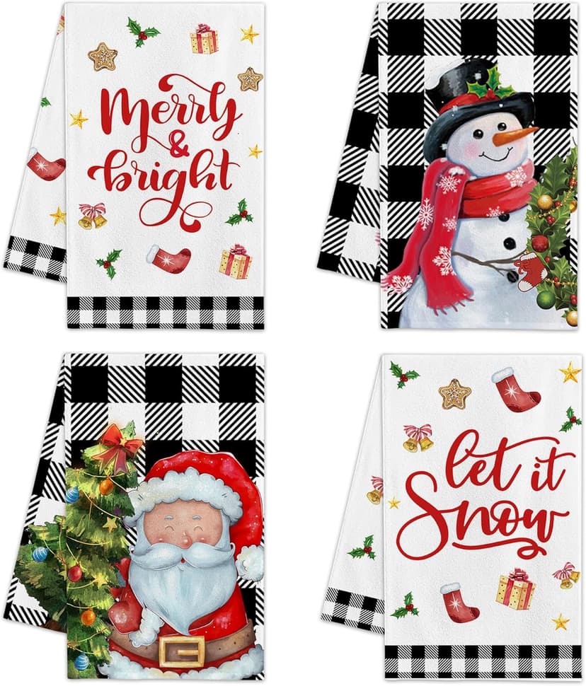 pinatas Christmas Kitchen Towels, Christmas Hand Towels Bathroom, Xmas Kitchen Decor, Black Buffalo Plaid Dish Towel Set of 4, Xmas Housewarming Gifts