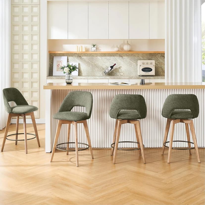Zesthouse Swivel Farmhouse Bar Stools Set of 4, 26" Modern Counter Stools with Open Back & Natural Wood Legs, Upholstered Linen Fabric Counter Height Barstools, High Chairs for Island Kitchen, Green