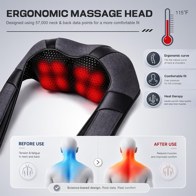 Ergonomic 3D kneading nodes, corded design, auto shutoff, Christmas ideal gifts for relaxing use at home, office, or travel Mirakel Heat Neck Massager for Pain Relief Deep Tissue - Gift for Women Men B07WJSY2G8