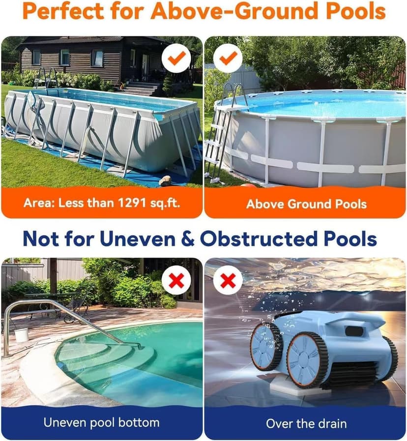 Pool Vacuum for Above Ground Pool, Lasts Up to 180 Mins, Self-Parking, LED Indicator, Wall Climbing Above Ground Pool Vacuum for Inground Pools, Robotic Pool Cleaner for Pools up to 2000 Sq.ft
