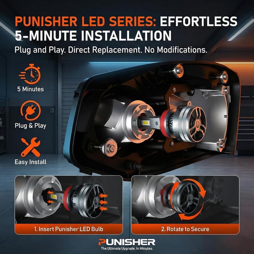 LUXSTER Punisher H7 LED Bulbs, 60000LM Ultra Bright, Triple Copper Pipes Cooling Tech(Unique), Plug-N-Play Installation, 6000K Pure White, IP68 Waterproof, Pack of 2