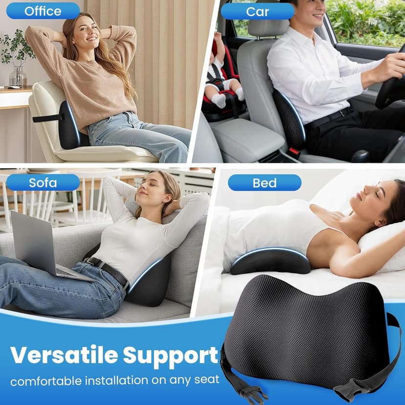 Lumbar Support Pillow for Office Chair, Memory Foam Lower Back Support, Ergonomic Lumbar Pillow with Adjustable Strap, Breathable Cover (Black)