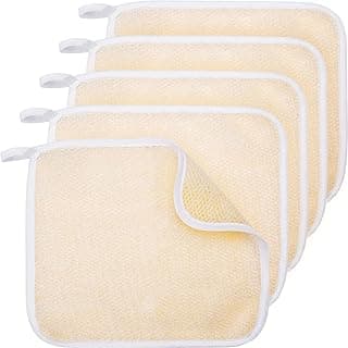 Tatuo 5 Pcs Exfoliating Face and Body Wash Cloths Towel Weave Bath Exfoliating Scrub Massage Bath Cloth for Women and Men, 10.63 x 9.05 Inch(Beige Edge)