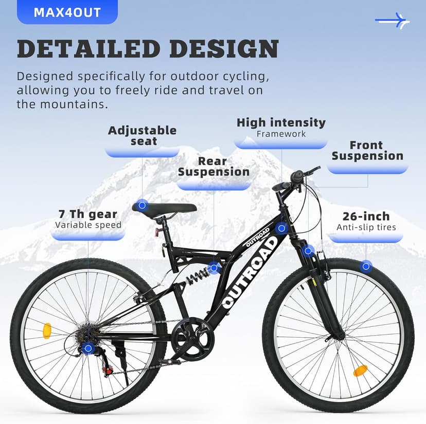 26 inch Mountain Bike Dual Full Suspension, Outdoor Hybrid Bikes,7-Speed/High-Carbon Steel, for Men Women Adult, MTB Bicycle with Suspension Fork,Sleek Colors
