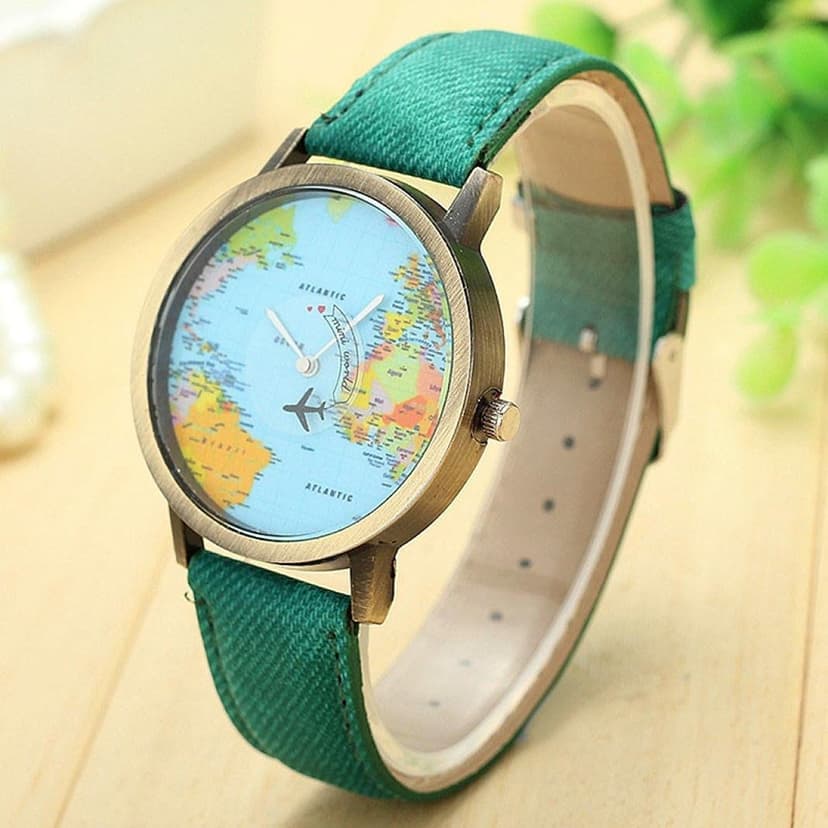 LsvtrUS Unisex Retro Bronze Case Global Travel by Plane World Map PU Leather Band Quartz Watch