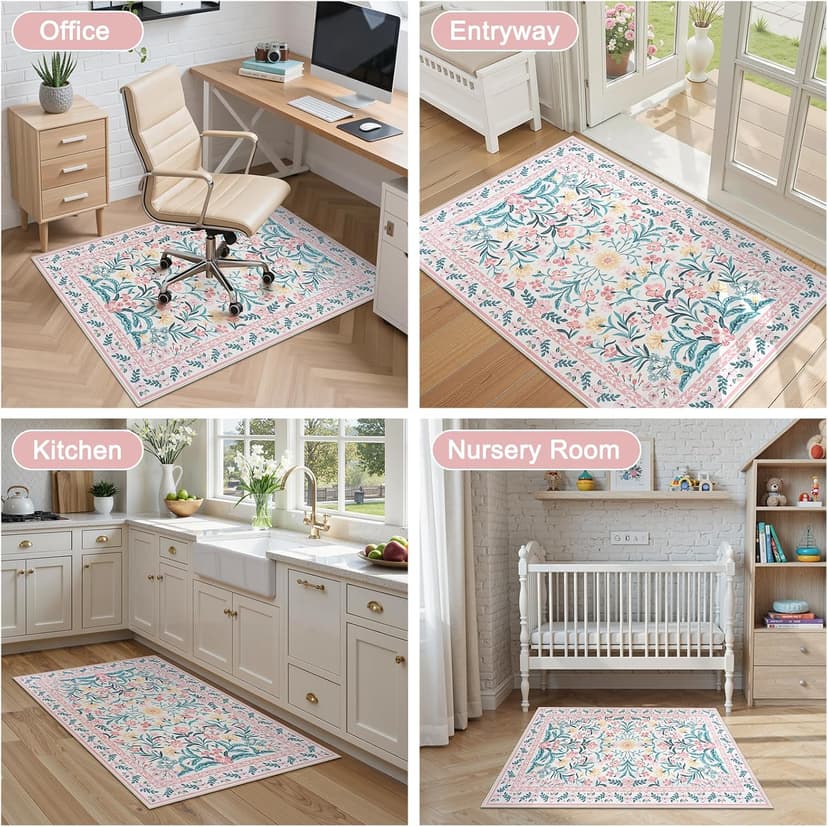 Anidaroel 36"x48" Office Chair Mat for Hardwood Floor, Boho Floral Floor Mat for Office Chair, Anti-Slip Desk Rug for Office, Low Pile Desk Chair Mats for Hardwood, Blush Pink Small Office Rug