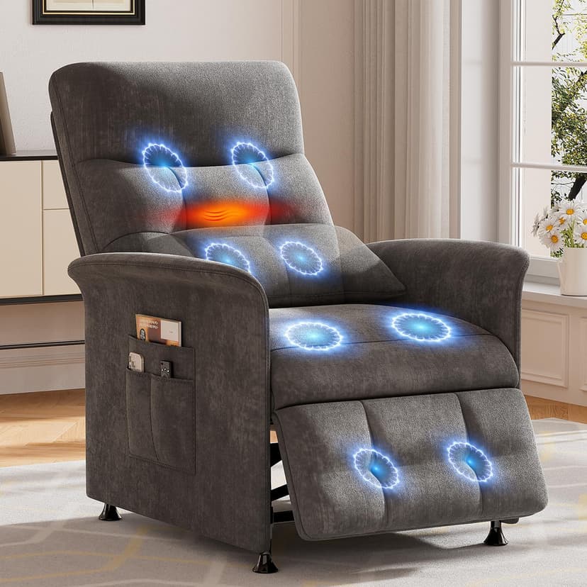 Power Recliner Chair for Adults with Heat & Massage - Soft Fabric Electric Reclining Sofa with Remote Control, 180° Lay Sleeper 3 Side Pockets for Living Room Home Theater, Dark Grey