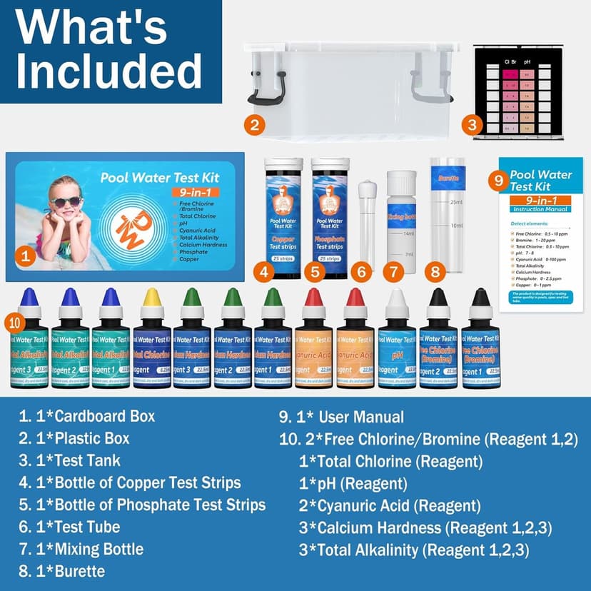 9 Way Pool Test Kit - Hot Tub and Spa Water Chemical Test Kit for pH & Total Chlorine & Free Chlorine & Bromine & Total Alkalinity & Calcium Hardness & Cyanuric Acid & Copper & Phosphate