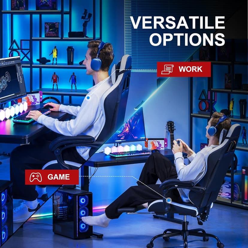 GTPLAYER Gaming Chair High Back Computer Chairs with Foot Rest for Adults, Ergonomic Height Adjustable Recliner Chair 300lbs with Linkage Armrest and Lumbar Support for Home Office, White