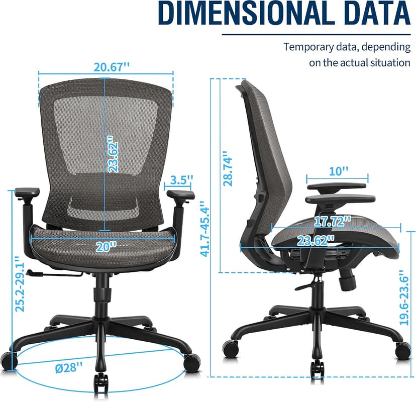 ELABEST T96 Mesh Office Chair,Ergonomic Computer Desk Chair,Sturdy Task Chair- Adjustable Lumbar Support & Armrests,Tilt Function,Comfort Wide Seat,Swivel Home Office Chair