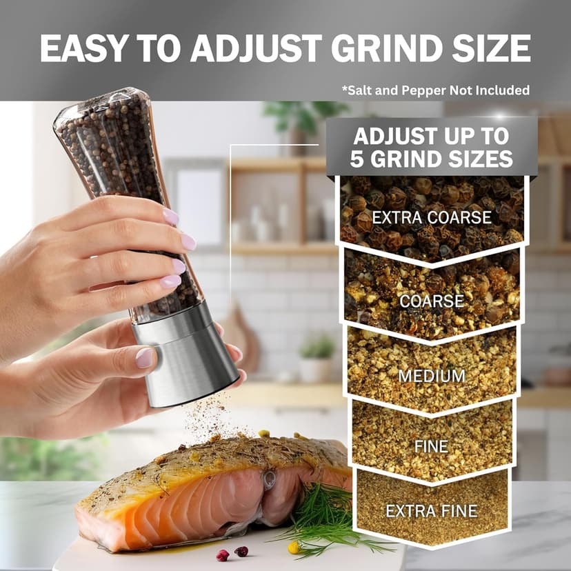 HOME EC Original Stainless Steel Salt or Pepper Grinder 1pk - Adjustable Ceramic Sea Salt Grinder or Pepper Mill - Tall Glass Spice Shaker - Spice Mill w/EBook B082V134CK