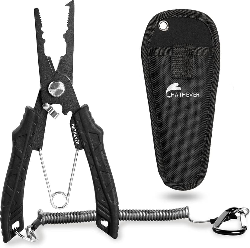 Hathever Saltwater Fishing Pliers, Split Ring Pliers for Fishing with Safety Lock, Fish Pliers with Sheath and Lanyard, Fishing Gifts for Men