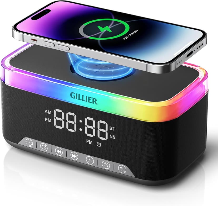 GILLIER Wireless Charging Alarm Clock Radio for Bedrooms – 15W Fast Wireless Charger Station for iPhone/Samsung, Bluetooth Stereo Speaker with FM Radio, Dimmable Display, USB Port, Sleep Timer, Black
