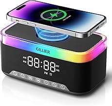 GILLIER Wireless Charging Alarm Clock Radio for Bedrooms – 15W Fast Wireless Charger Station for iPhone/Samsung, Bluetooth Stereo Speaker with FM Radio, Dimmable Display, USB Port, Sleep Timer, Black