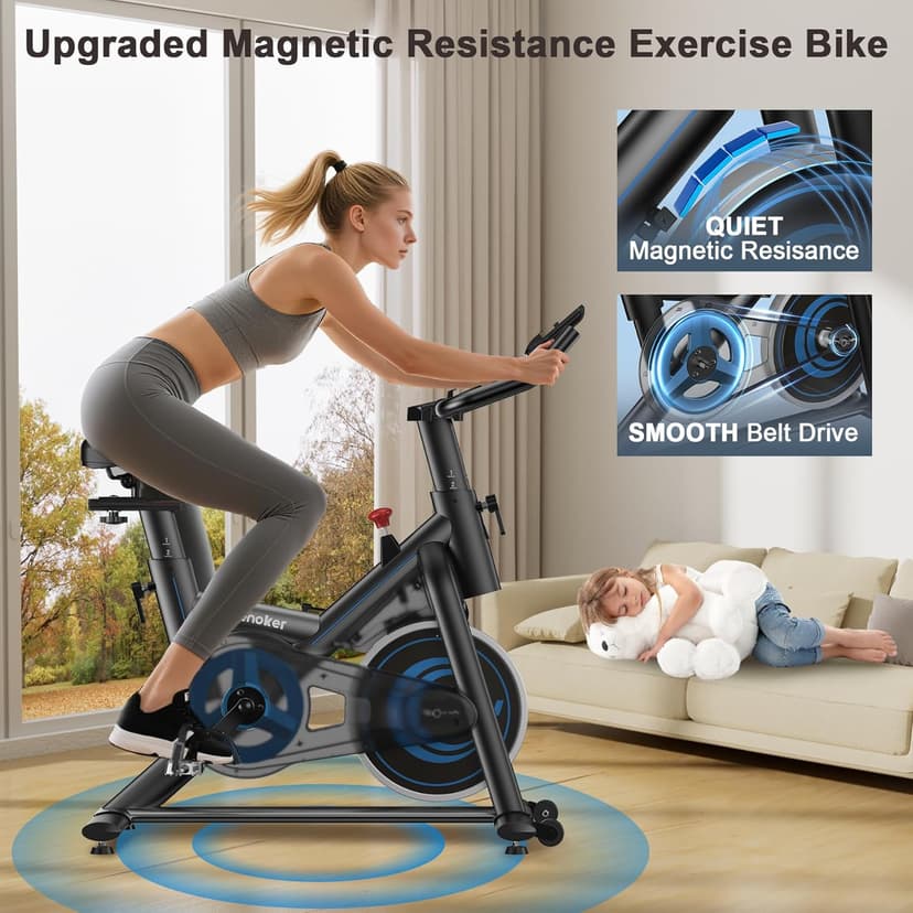 Exercise Bike for Home – 350LB Magnetic Resistance Indoor Cycling Bike, Silent Stationary Spin Bike with App Sync, Adjustable Seat, LCD Monitor, Smooth & Quiet for Cardio Workout