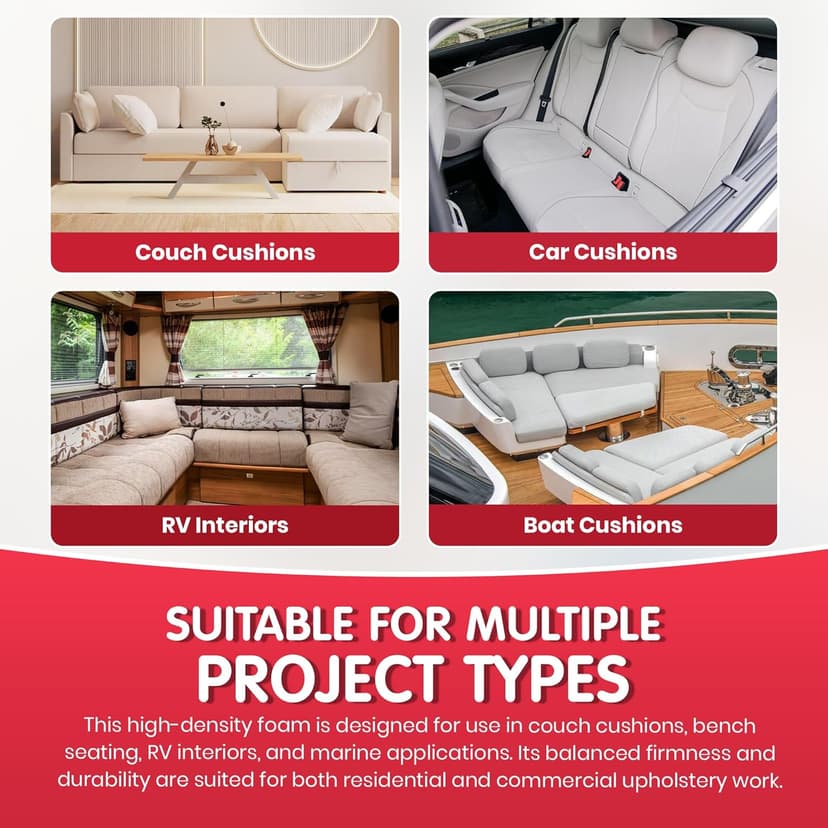 FOAMYFOAM High Density 3 inch Thick, 24 inch Wide, 72 inch Long Upholstery Foam, Cushion Replacement