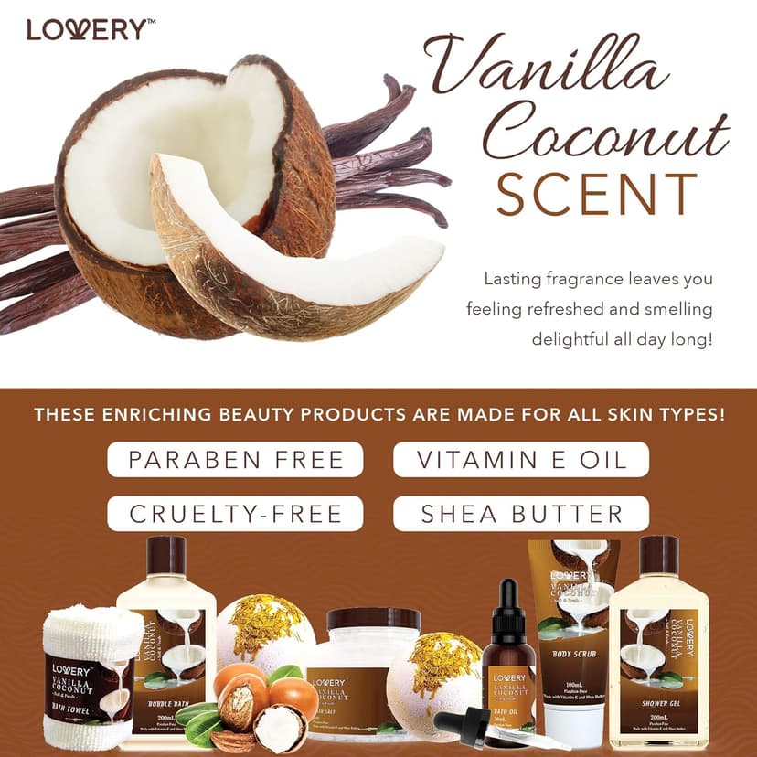 Gifts For Women Gift Basket for Women– 9 Piece Set of Vanilla Coconut Home Spa Set, Includes Fragrant Lotions, Extra Large Bath Bombs, Coconut Oil, Luxurious Bath Towel & More