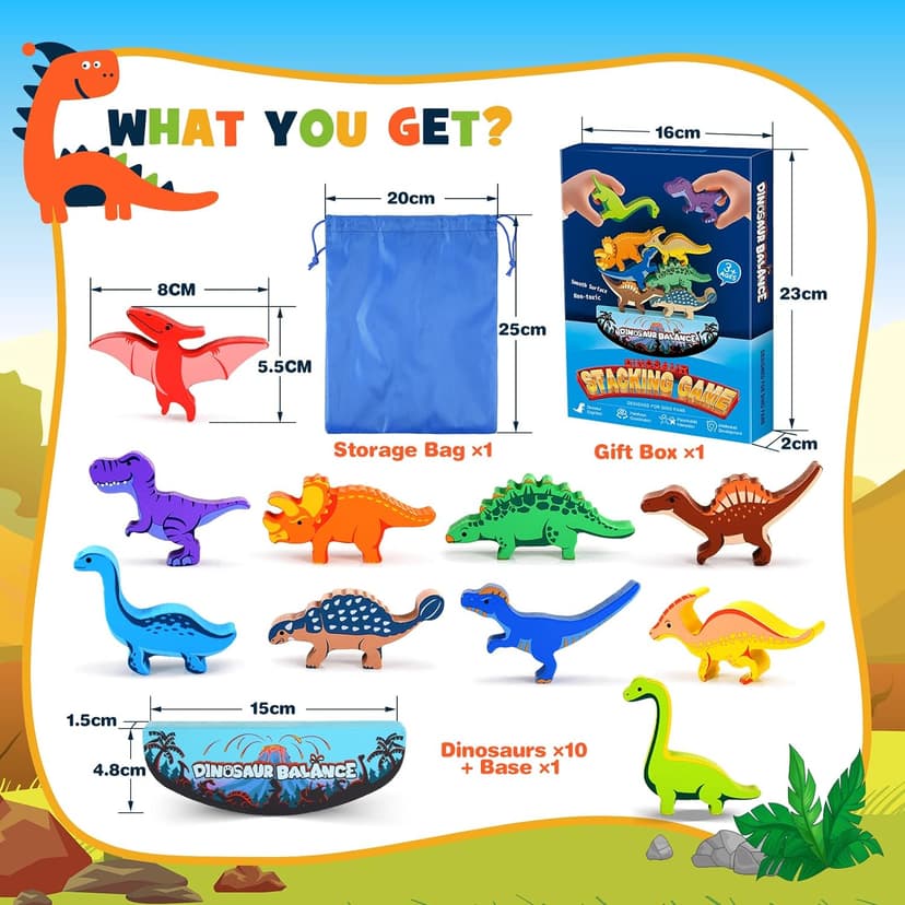 IPOURUP Dinosaur Toys for Kids 3-5: Wooden Stacking Montessori Toys for 3 4 5 6 7 8 Year Old Boys Girls Birthday Gifts for Kid Ages 4-8 Balance Competition Game for Family Stocking Stuffers