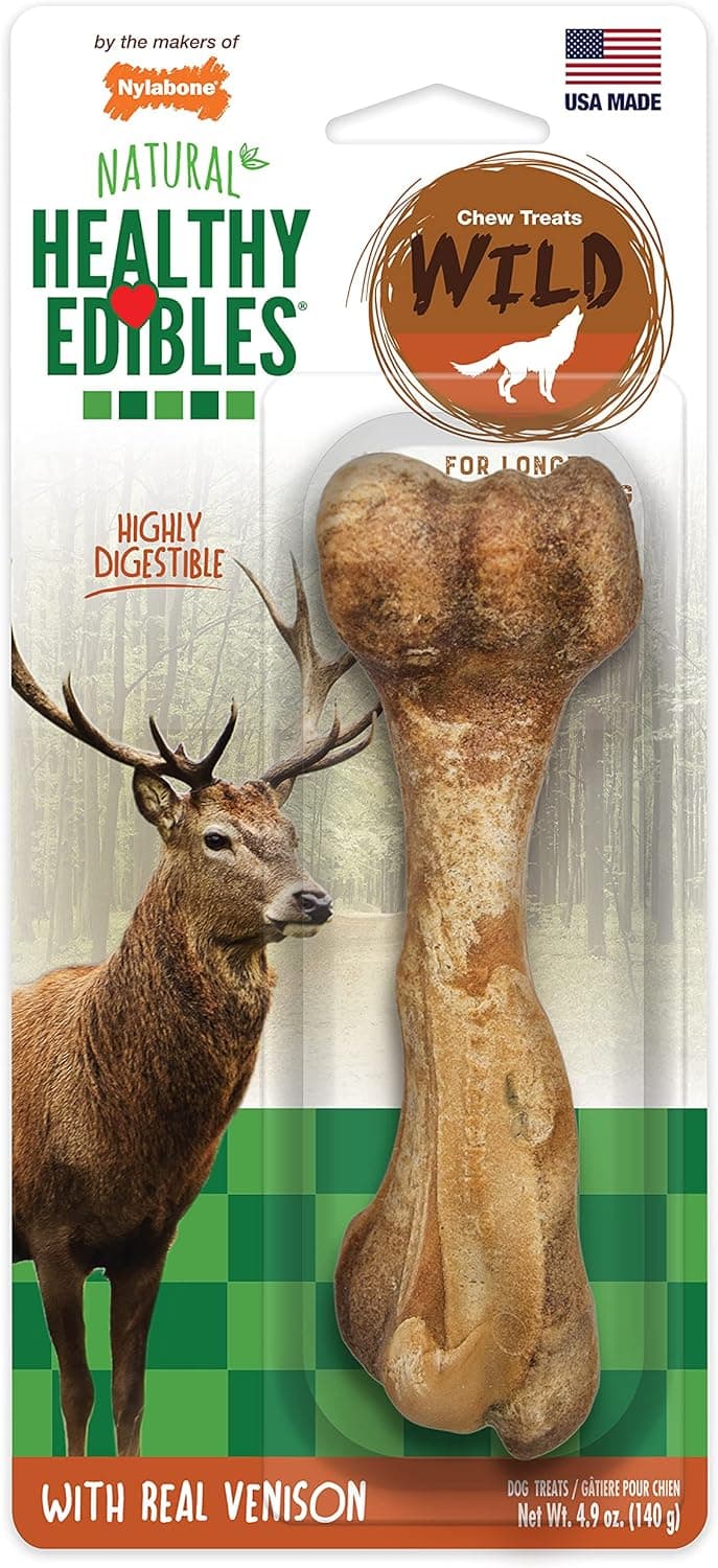 Nylabone Healthy Edibles WILD Natural Dog Chew Treats for Large Dogs, Long Lasting Dog Healthy Chew Bones Made in USA, Venison Flavor, For Dogs Up to 50 lbs. (1 Count)