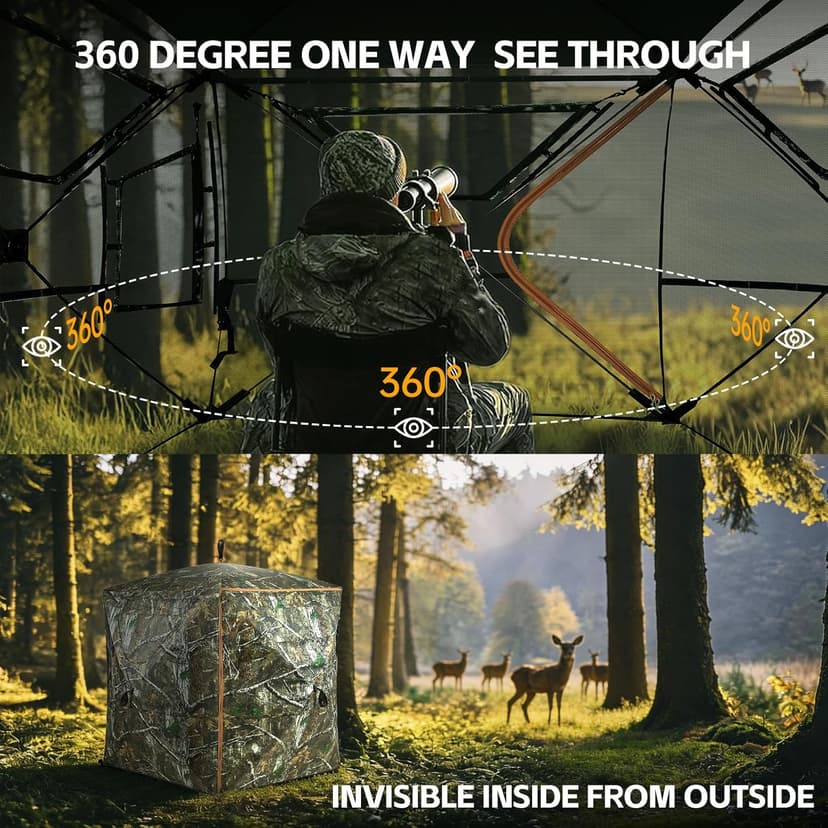 Hunting Blind, 360 Degree See Through Pop Up Deer Blind for 1-2 Person, Silent Sliding Windows,Ground Blind with Carry Bag, Camouflage Hunting Tent for Deer Turkey Duck Hunting