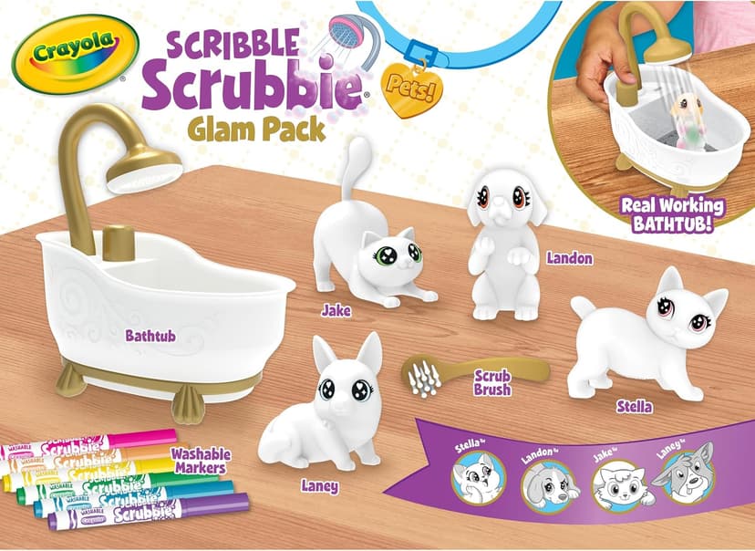 Crayola Scribble Scrubbies Glam Pack (4 Pets), Holiday for Kids, Washable Pet Care Toy, Coloring Animal Craft, Stocking Stuffer Toys for Girls & Boys, 3+