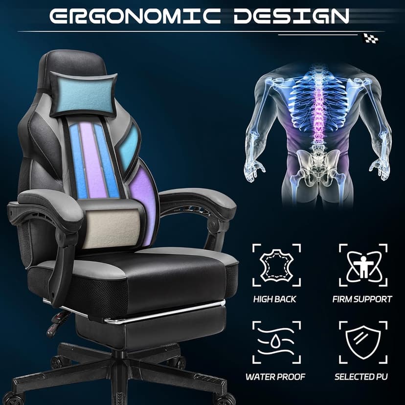 Gaming Chair for Adult, Computer Chair with Footrest Video Game Chair Big and Tall Gaming Chair with Massage Lumbar Support, Adjustable Height and 360° Swivel Seat(Grey)