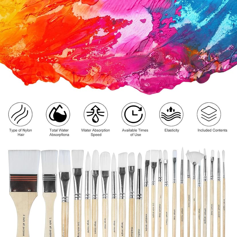 Wooden Handles, 24 Different Types of Brushes, Nylon Hair, Professional, Oil, Acrylic and Watercolor Painting Paint Brushes Set of 24 Pieces with Canvas Brush Case B095M9LKPN