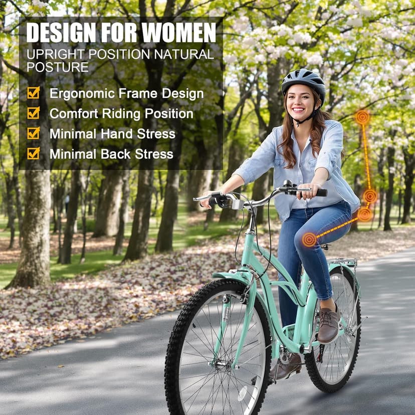 Women Bike, 26 Inch Beach Cruiser Bike, 7 Speed Commuter Bicycle with Ergonomic Upright Frame, Full Front & Rear Fenders (Green/Black/Red)