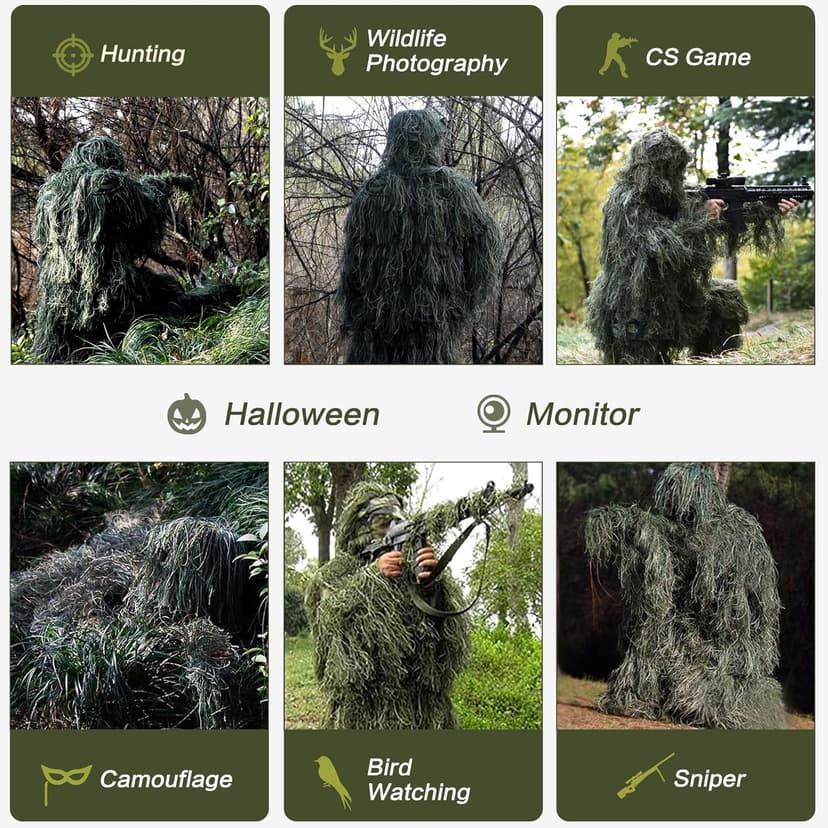 MOPHOTO 5 in 1 Ghillie Suit 3D Camouflage Hunting Suits - Jacket, Pants, Hood, Carry Bag for Adults & Youth, M/L/XL/XXL