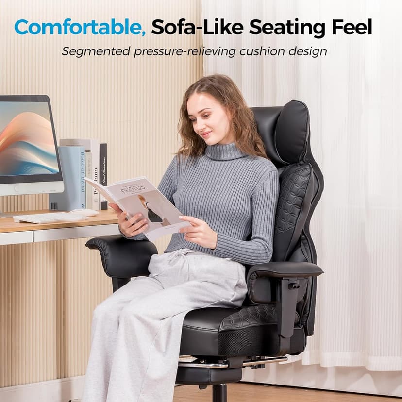 COMHOMA Big and Tall Office Chair 400LBS Wide Ergonomic Gaming Chair with Deluxe Embossing Designed Leather with Foot Rest,150°Reclining Adjustable Armrests Pocket Spring Back Support and Pillow