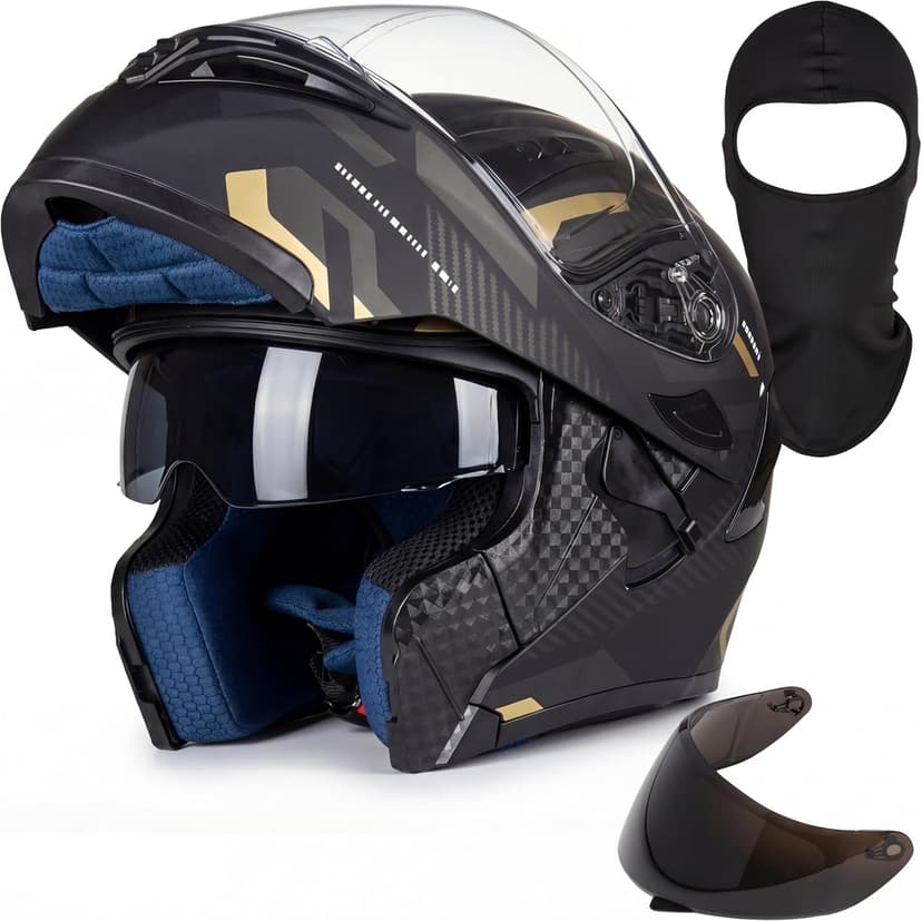 Modular Flip-Up Motorcycle Helmet | DOT Approved Full Face Dual Visor Street Bike Helmet with Tinted Visor & Ski Mask for Men & Women | Matte Black
