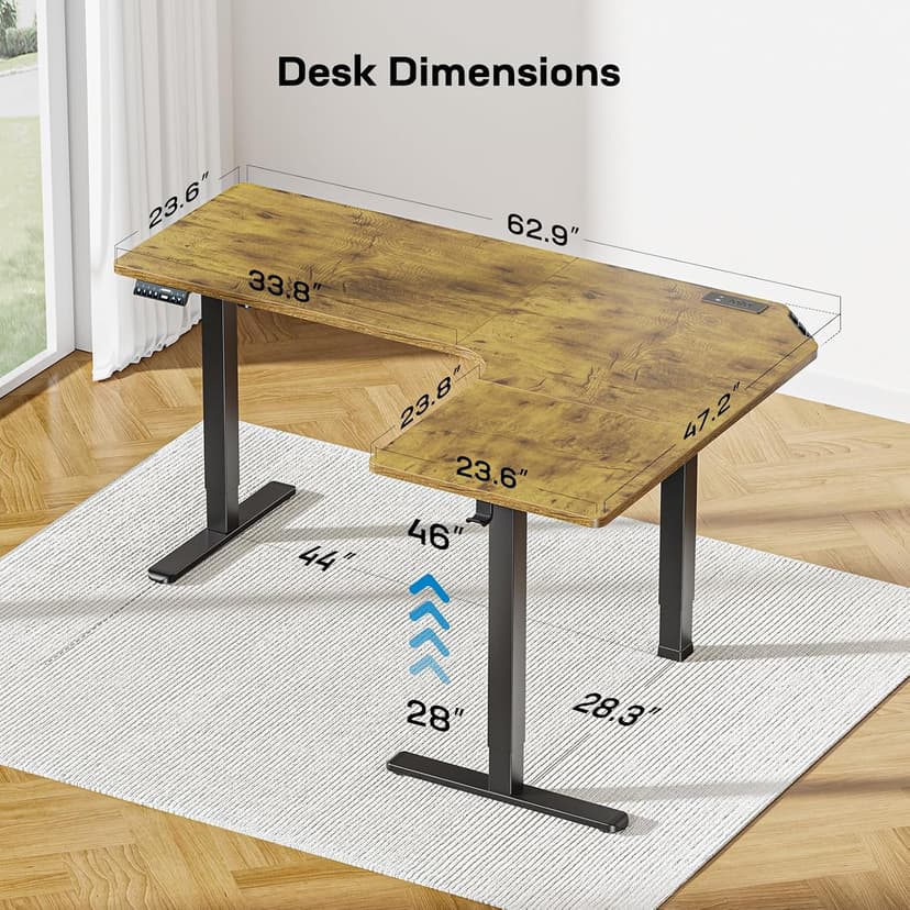 HUANUO 63″ L-Shaped Standing Desk, Built-in Power Outlets, Electric Height Adjustable Corner Computer Desk, Large Power Strip Holder, Sit Stand Up Desk with 3 Preset Heights, Vintage Brown