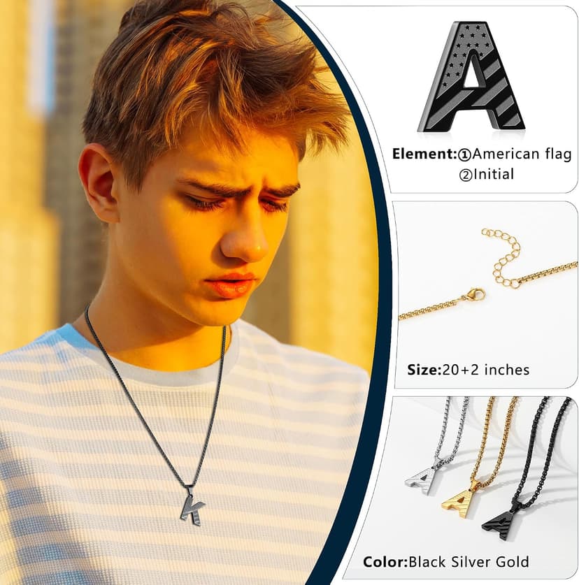 Stainless Steel Army Pendant Jewelry for Kids Teen Boy Zocomi American Flag Initial Necklace Gifts for Boys & Men B0FS78XFTM
