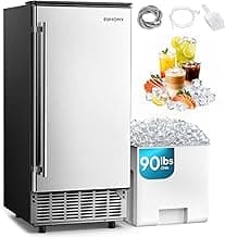 EUHOMY 15" W Commercial Under Counter Ice Maker Machine, 90 Lb/Day Auto-Cleaning & 24H Timer, Gravity Drainage,Stainless Steel Built-in Freestanding Ice Maker, 24 Lb Bin, Ideal for Commercial & Home